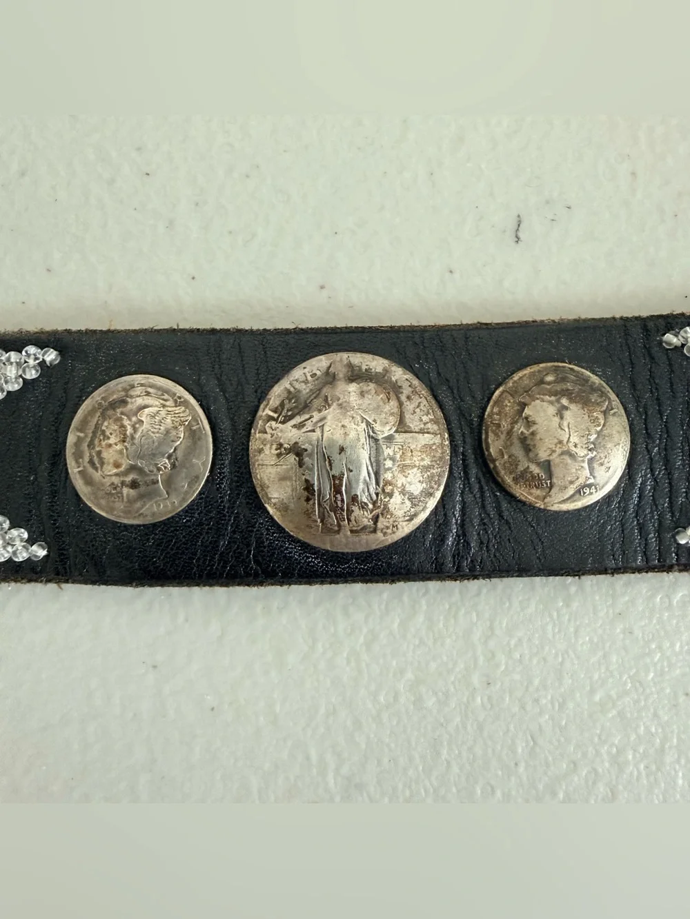 Vintage Southwestern Americana Silver Coinage Beadwork Old Pawn Leather Belt